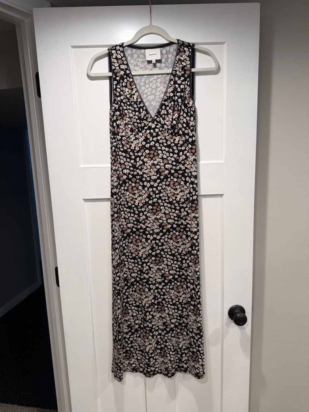 Reformation Black Floral V-Neck Maxi Dress with Cream & Brown Accents.